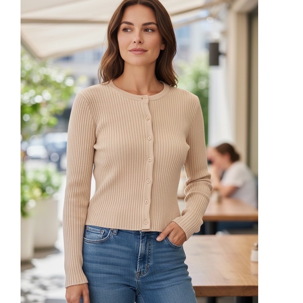 Reformation Gellar Ribbed Cardigan Beige Tan Long Sleeve Button Up Top Medium